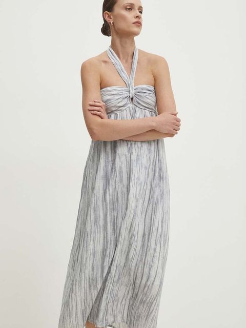 Answear.LAB sukienka z lnem kolor szary midi rozkloszowana