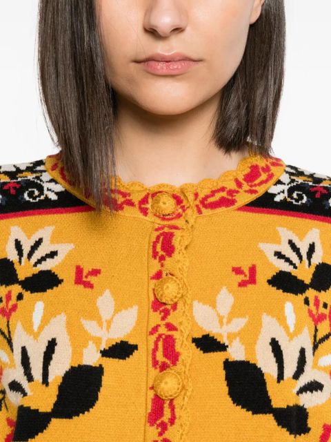 FARM Rio floral-intarsia scalloped-trim cardigan - Yellow