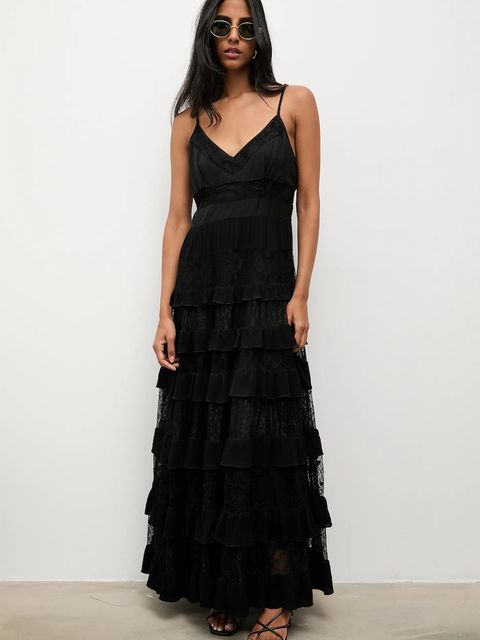 Answear.LAB sukienka z domieszką lnu kolor czarny maxi rozkloszowana