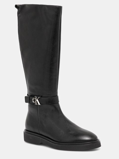 Calvin Klein kozaki skórzane KNEE BOOT W/ METAL LOGO damskie kolor czarny na płaskim obcasie HW0HW02665 - zdjęcie produktu nr 1