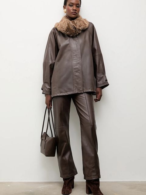 Answear.LAB kurtka skórzana kolor brązowy przejściowa oversize - zdjęcie produktu nr 2