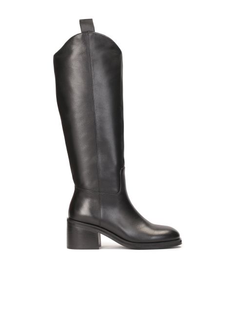 Skórzane kozaki z zaokrągloną cholewką i grubym obcasem