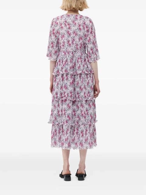 GANNI pleated floral-print midi dress - White