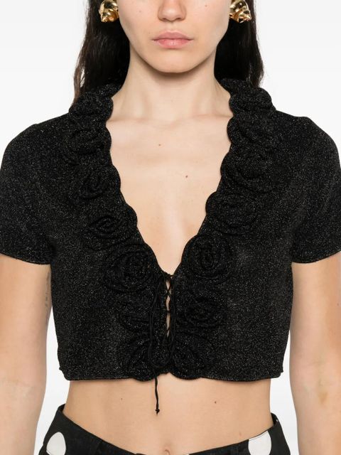 Oséree rose-embellished glitter-detail top - Black