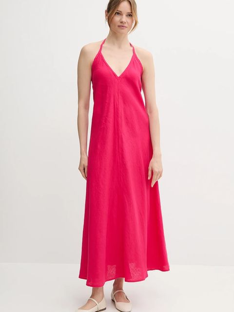 United Colors of Benetton sukienka lniana kolor różowy maxi rozkloszowana 4AGHDV0BF - zdjęcie produktu nr 2