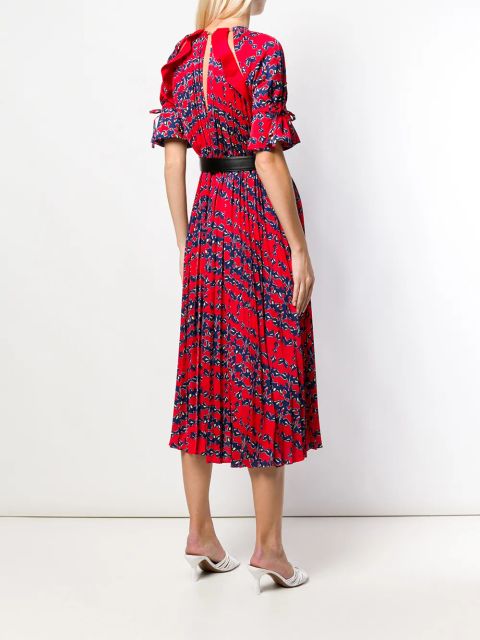 Self-Portrait pleated short-sleeve flared dress