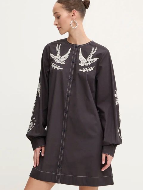 Never Fully Dressed sukienka bawełniana EmbroideSwallow Roamnce Mini Dress kolor czarny mini prosta NFDDR1573