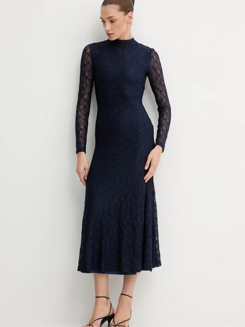 Bardot sukienka kolor granatowy midi rozkloszowana 59476DB2