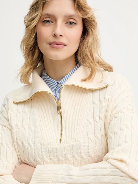 Tommy Hilfiger sweter bawełniany damski kolor beżowy z golfem WW0WW47643