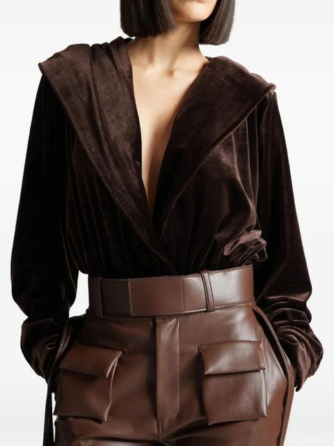 Manière De Voir velour hooded bodysuit - Brown