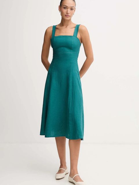 United Colors of Benetton sukienka lniana kolor zielony midi rozkloszowana 4AGHDV0AG