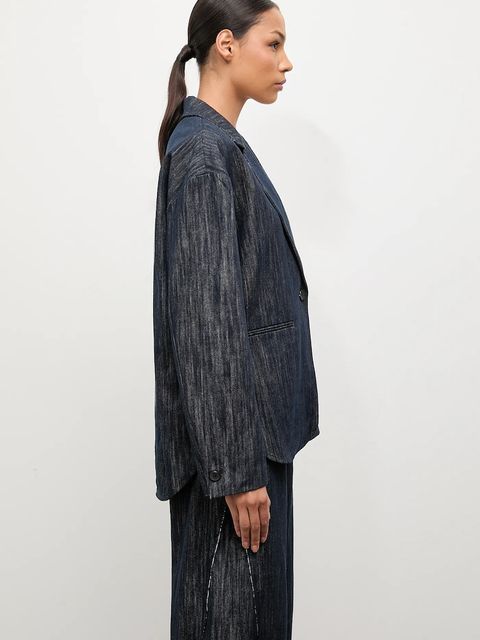 Answear.LAB marynarka jeansowa kolor granatowy jednorzędowa gładka