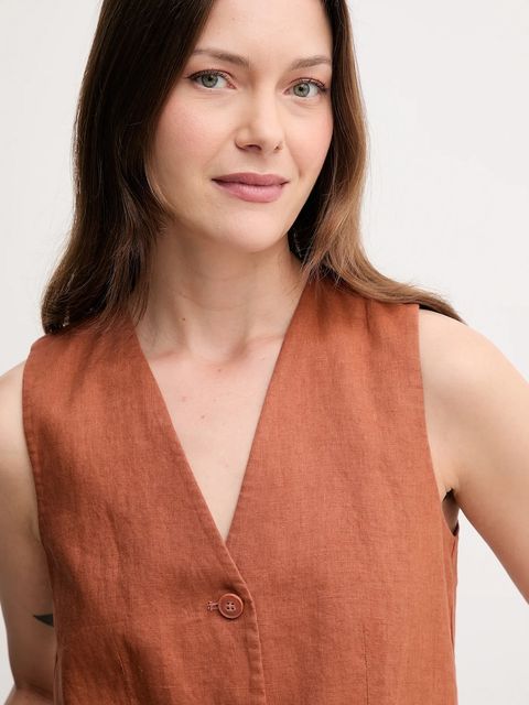 United Colors of Benetton kamizelka lniana kolor pomarańczowy jednorzędowa