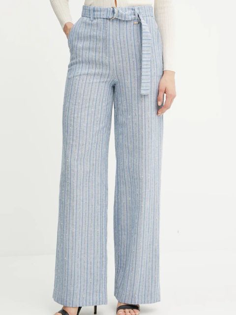 Fracomina spodnie z domieszką lnu damskie kolor niebieski szerokie high waist FS25SV3008W402Q6