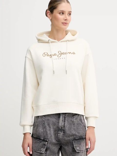 Pepe Jeans bluza damska kolor beżowy z kapturem z nadrukiem PL5800001