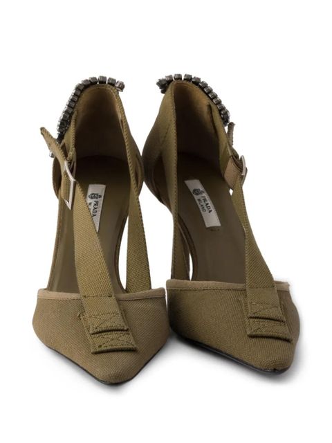 Prada crystal-embellished canvas pumps - Green