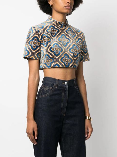 ETRO abstract-print velvet crop top - Blue