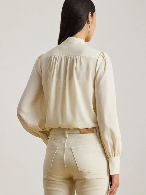 Lauren Ralph Lauren koszula damskie kolor beżowy regular z wiązanym dekoltem 200P14083