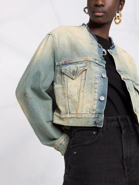 Maison Margiela distressed-effect collarless denim jacket - Blue