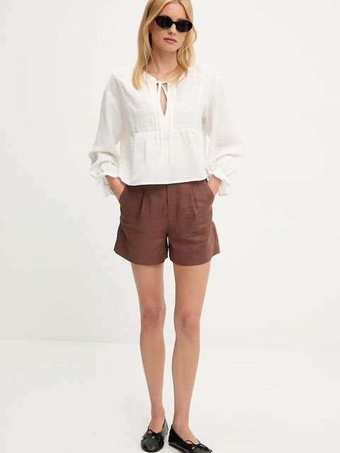 Answear.LAB szorty lniane damskie kolor brązowy gładkie high waist