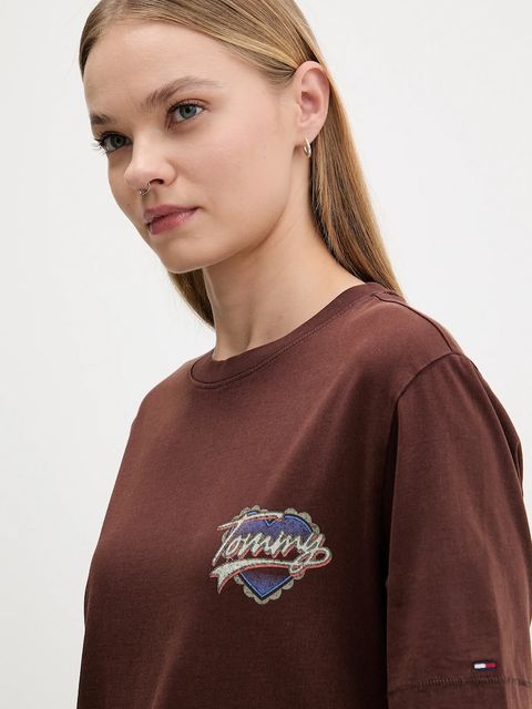 Tommy Jeans t-shirt bawełniany damski kolor brązowy DW0DW21524