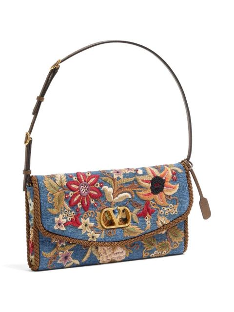 Valentino Garavani DeVain small embroidered denim shoulder bag - Blue