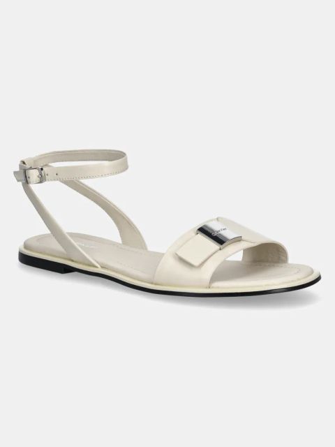 Calvin Klein sandały skórzane FLAT SANDAL W/CK HW - LTH damskie kolor beżowy HW0HW02367
