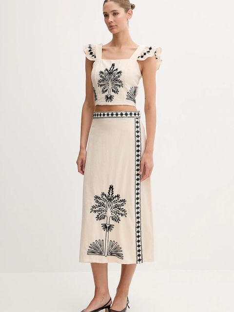 Hoss Intropia bluzka z domieszką lnu damska kolor beżowy z aplikacją 5879153