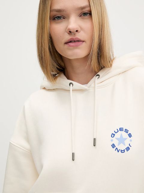 Guess Jeans bluza damska kolor beżowy z kapturem z nadrukiem W5BQ24 KC811