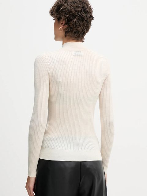 Lacoste sweter wełniany damski kolor beżowy lekki z półgolfem AF4189