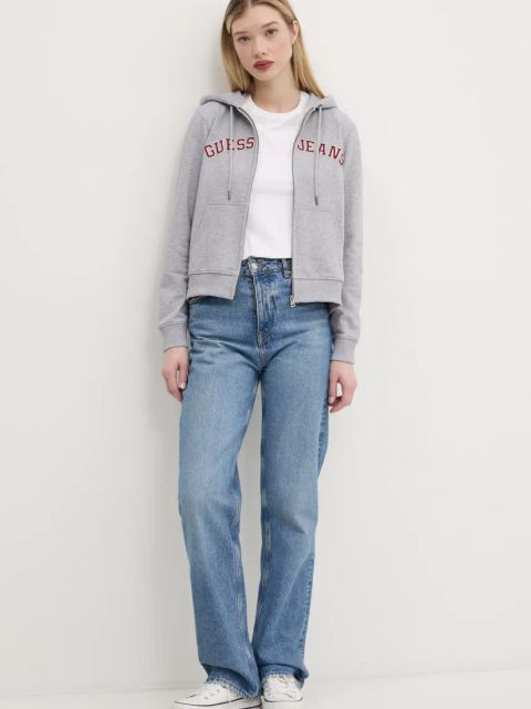 Guess Jeans bluza bawełniana damska kolor szary z kapturem melanżowa W5RQ20 K68I4