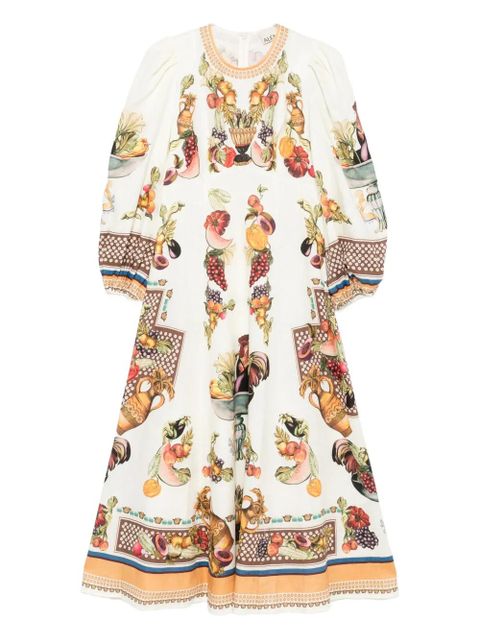 ALEMAIS Mercado fruit-print puff-sleeve midi dress - White