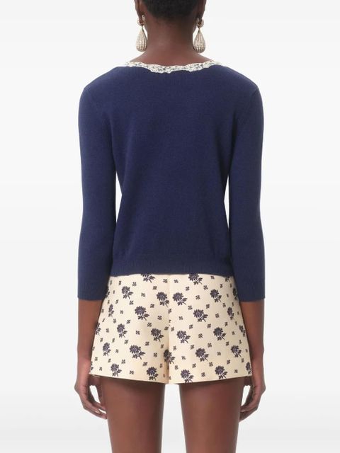 Valentino Garavani lace-trim embroidered cardigan - Blue