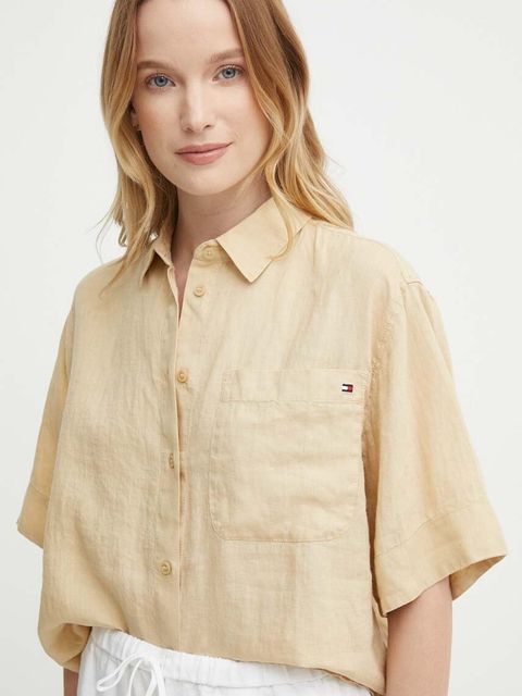 Tommy Hilfiger koszula lniana kolor beżowy relaxed z kołnierzykiem klasycznym WW0WW41392