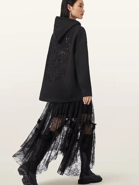 AllSaints bluza z bawełną CRANEO damska kolor czarny z kapturem z aplikacją W064JD