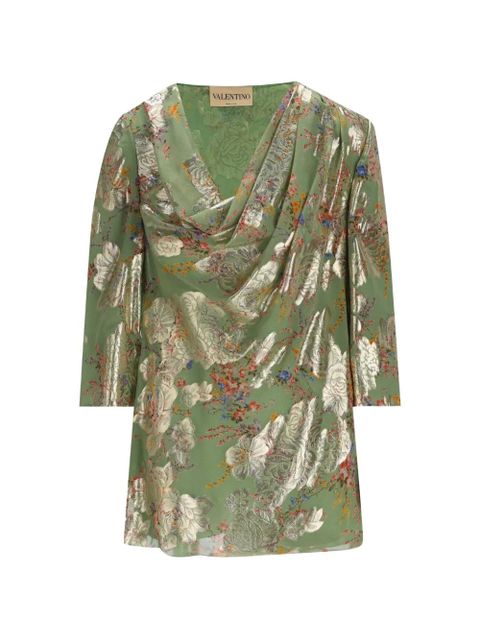 Valentino Garavani floral-brocade draped tunic top - Green - zdjęcie produktu nr 1