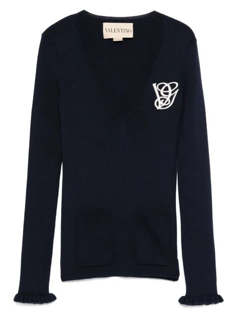 Valentino Garavani ruffled V-neck wool sweater - Blue - zdjęcie produktu nr 1