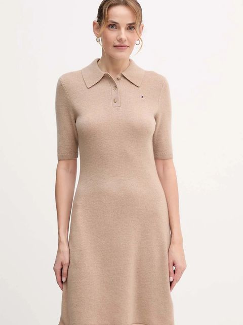 Tommy Hilfiger sukienka wełniana kolor beżowy mini rozkloszowana WW0WW46436 - zdjęcie produktu nr 1