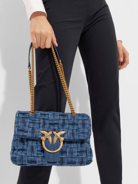 PINKO - Granatowa torebka z plecionego dżinsu Love Mini Puff Denim Intrecciato