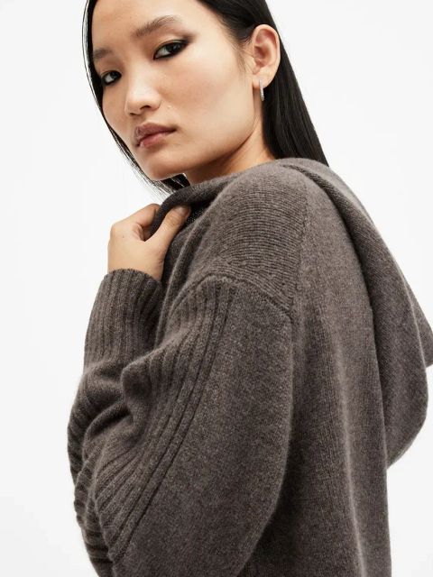 AllSaints bluza wełniana INES kolor brązowy z kapturem gładka W074KB