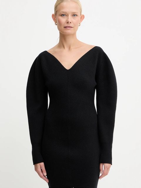 BOSS sukienka z dodatkiem wełny kolor czarny midi dopasowana 50550771