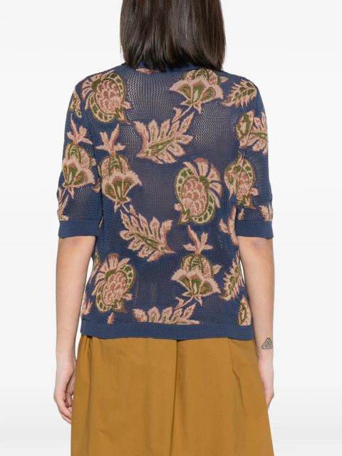 ETRO floral-intarsia mesh-knit polo top - Blue