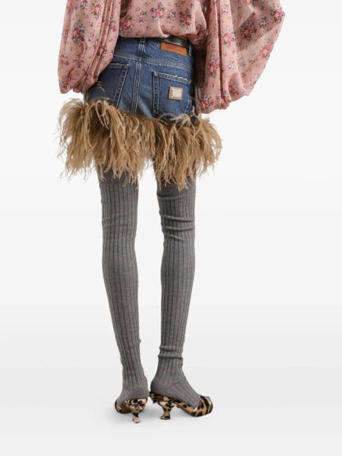 Dolce & Gabbana feather-trim denim mini skirt - Blue