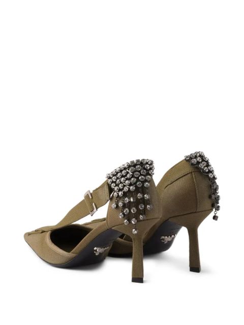 Prada crystal-embellished canvas pumps - Green