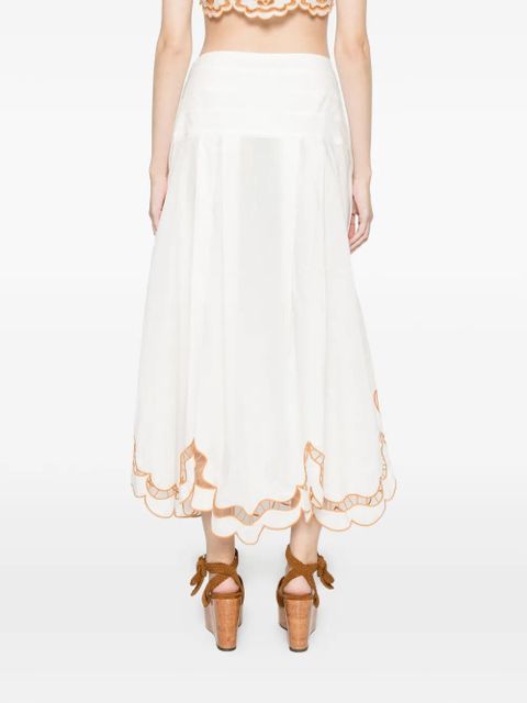 FARM Rio Trop floral-embroidery midi skirt - White