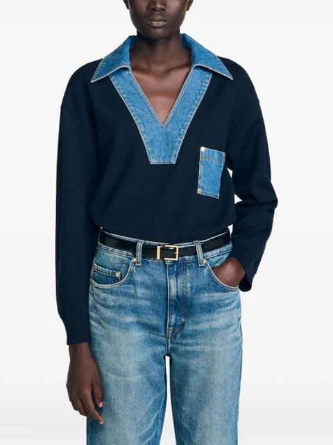 SANDRO denim-trimmed V-neck sweatshirt - Blue