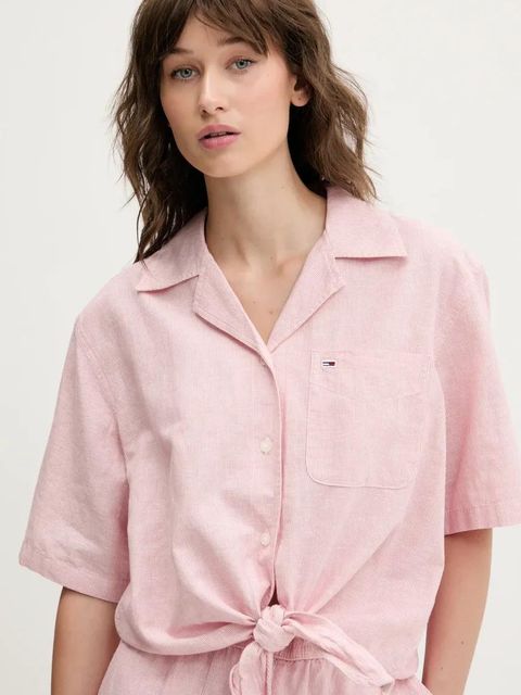 Tommy Jeans koszula z domieszką lnu damska kolor różowy relaxed z kołnierzykiem klasycznym DW0DW20286
