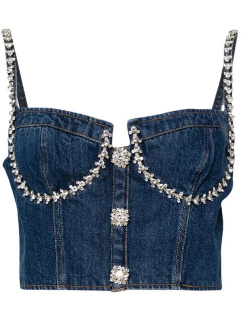 Self-Portrait crystal-embellished denim bustier top - Blue - zdjęcie produktu nr 1