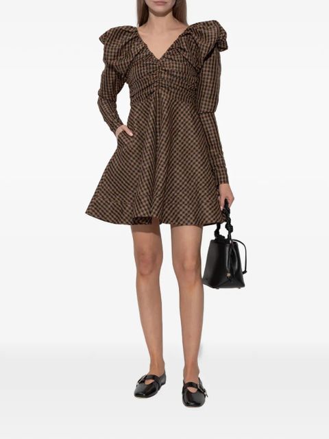 GANNI V-neck checked mini dress - Brown