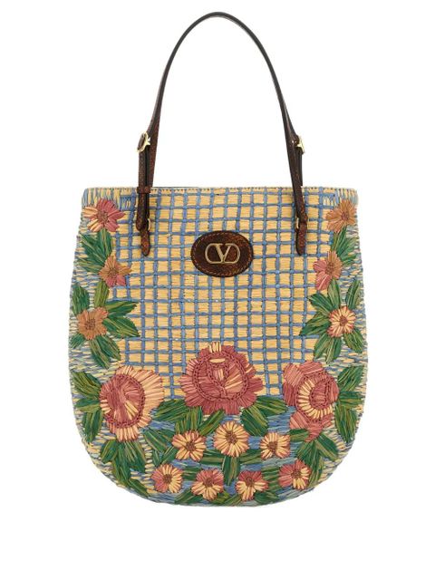 Valentino Garavani embroidered-raffia V-logo shoulder bag - Neutrals - zdjęcie produktu nr 1